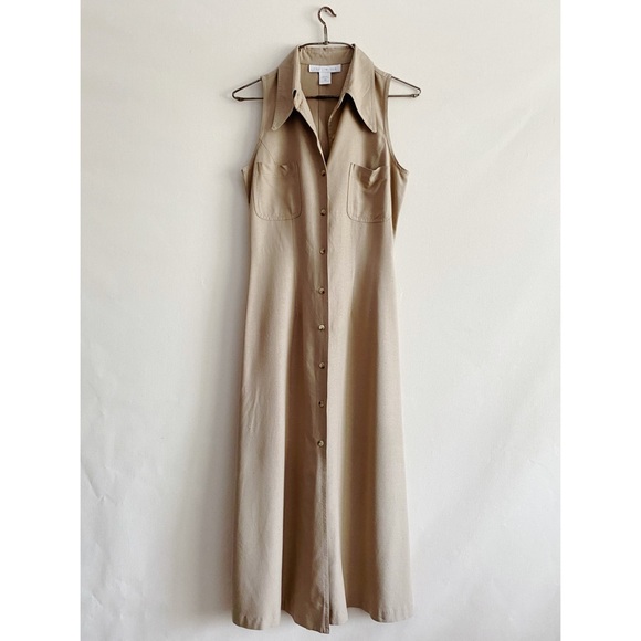 Vintage 90s The Limited Beige Raw Silk Button Front Collared Midi Safari Dress - Picture 2 of 12